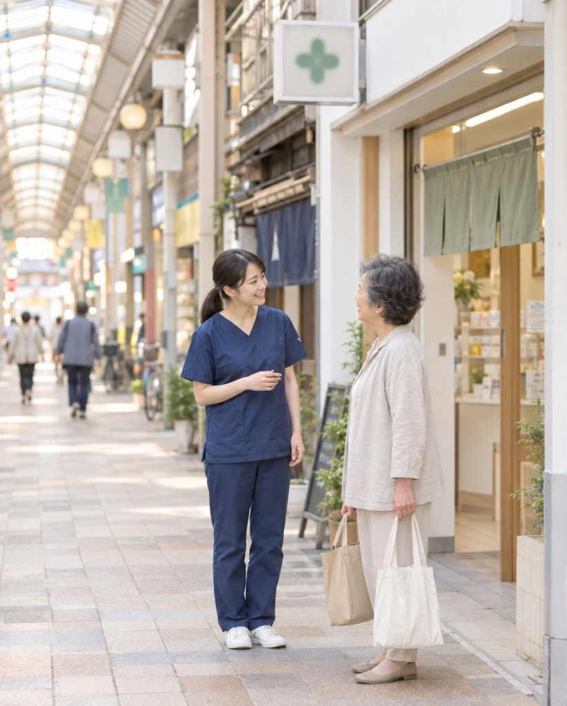 商店街の薬局前で、紺色のスクラブを着た薬剤師が地域の方と話す場面